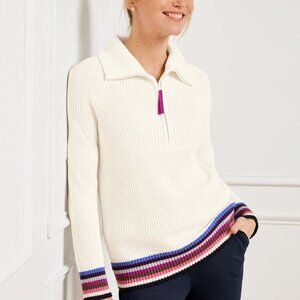 T by Talbots Coolmax Half-Zip Sweater Ivory Cream Multi Stripe Size XLp Preppy